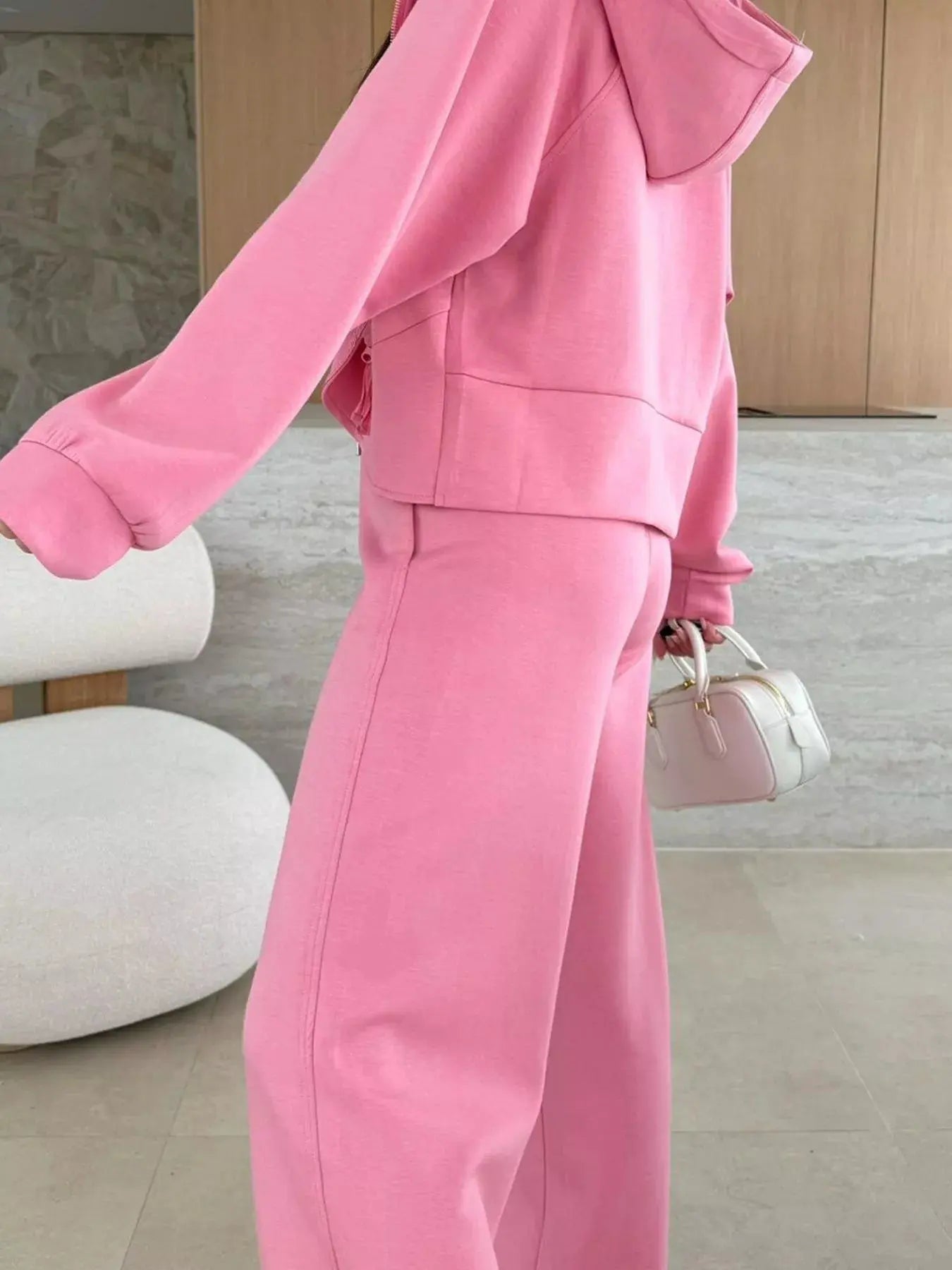Solid Color Zip Up Hoodie Drawstring Loose Pants Set - Charmdeals