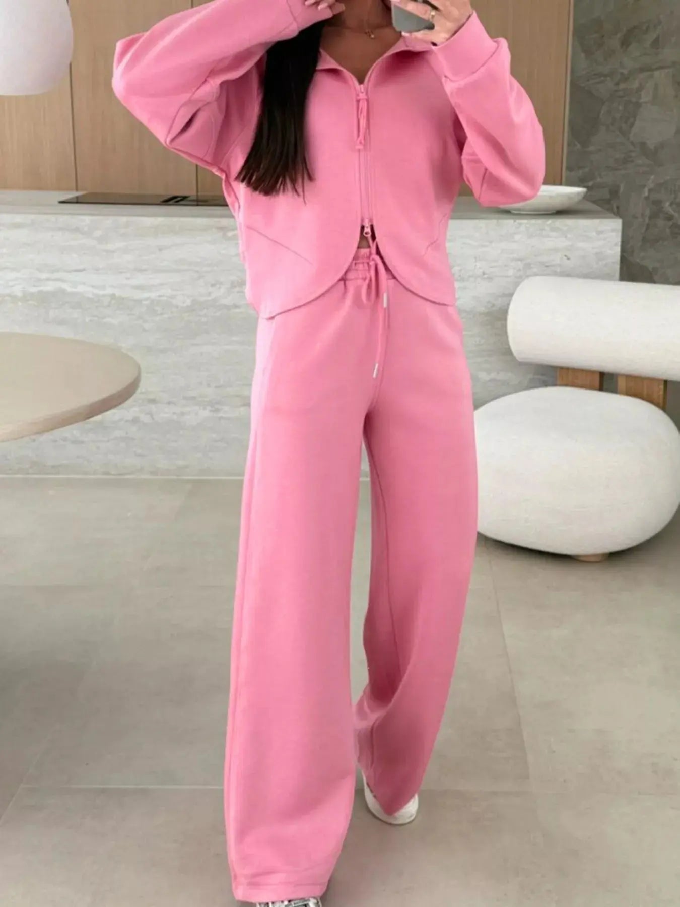 Solid Color Zip Up Hoodie Drawstring Loose Pants Set - Charmdeals