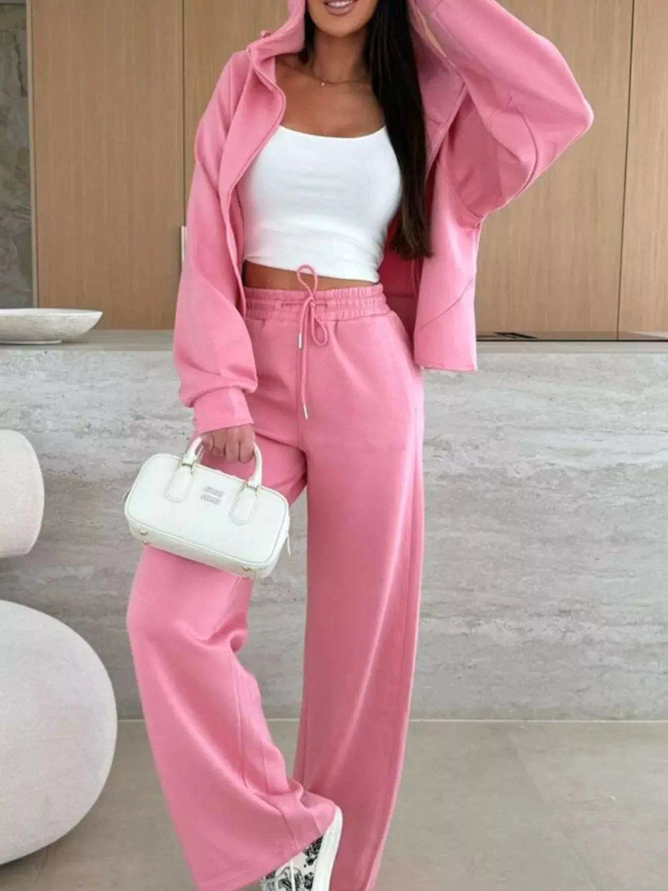 Solid Color Zip Up Hoodie Drawstring Loose Pants Set - Charmdeals