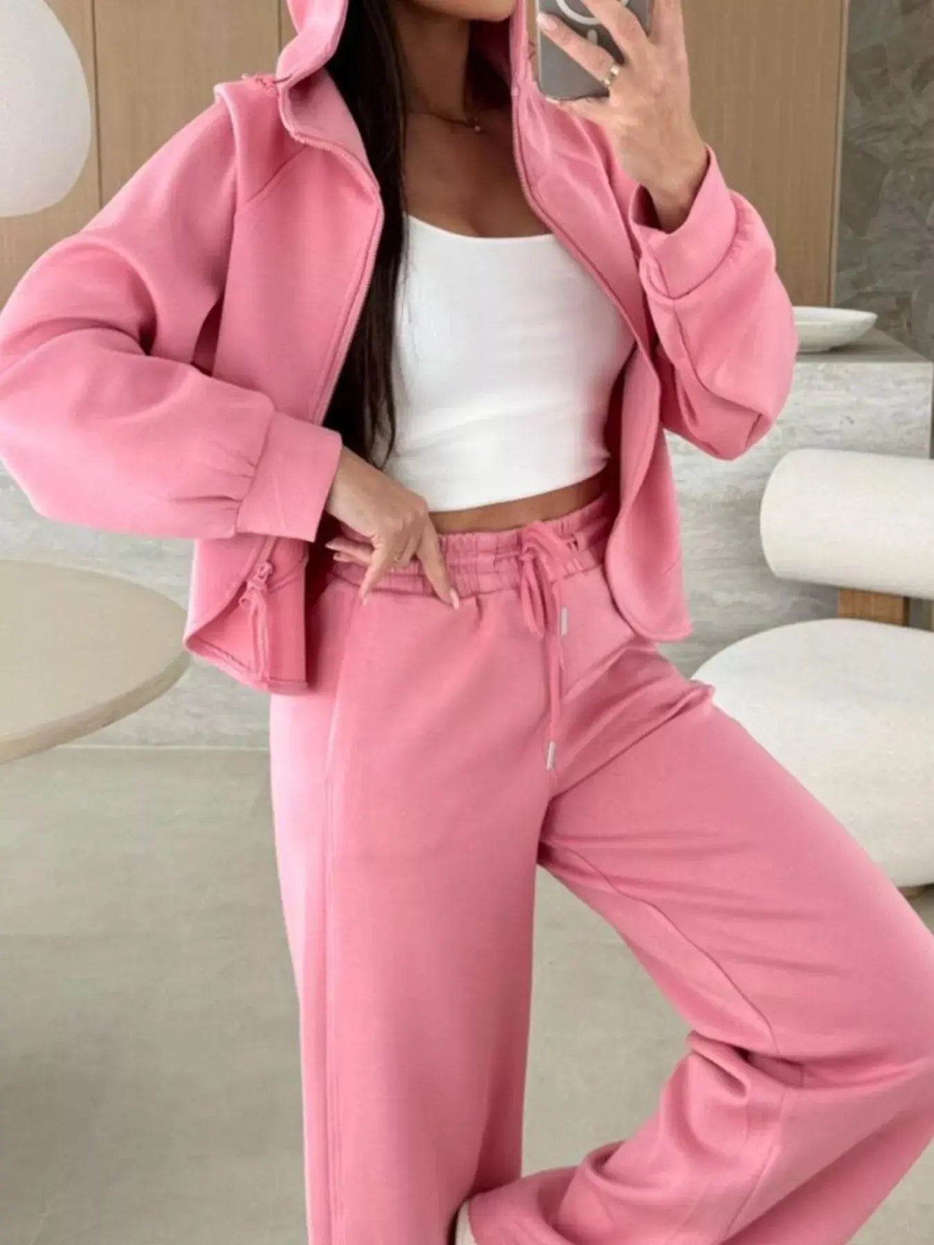 Solid Color Zip Up Hoodie Drawstring Loose Pants Set - Charmdeals