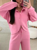 Solid Color Zip Up Hoodie Drawstring Loose Pants Set - Charmdeals