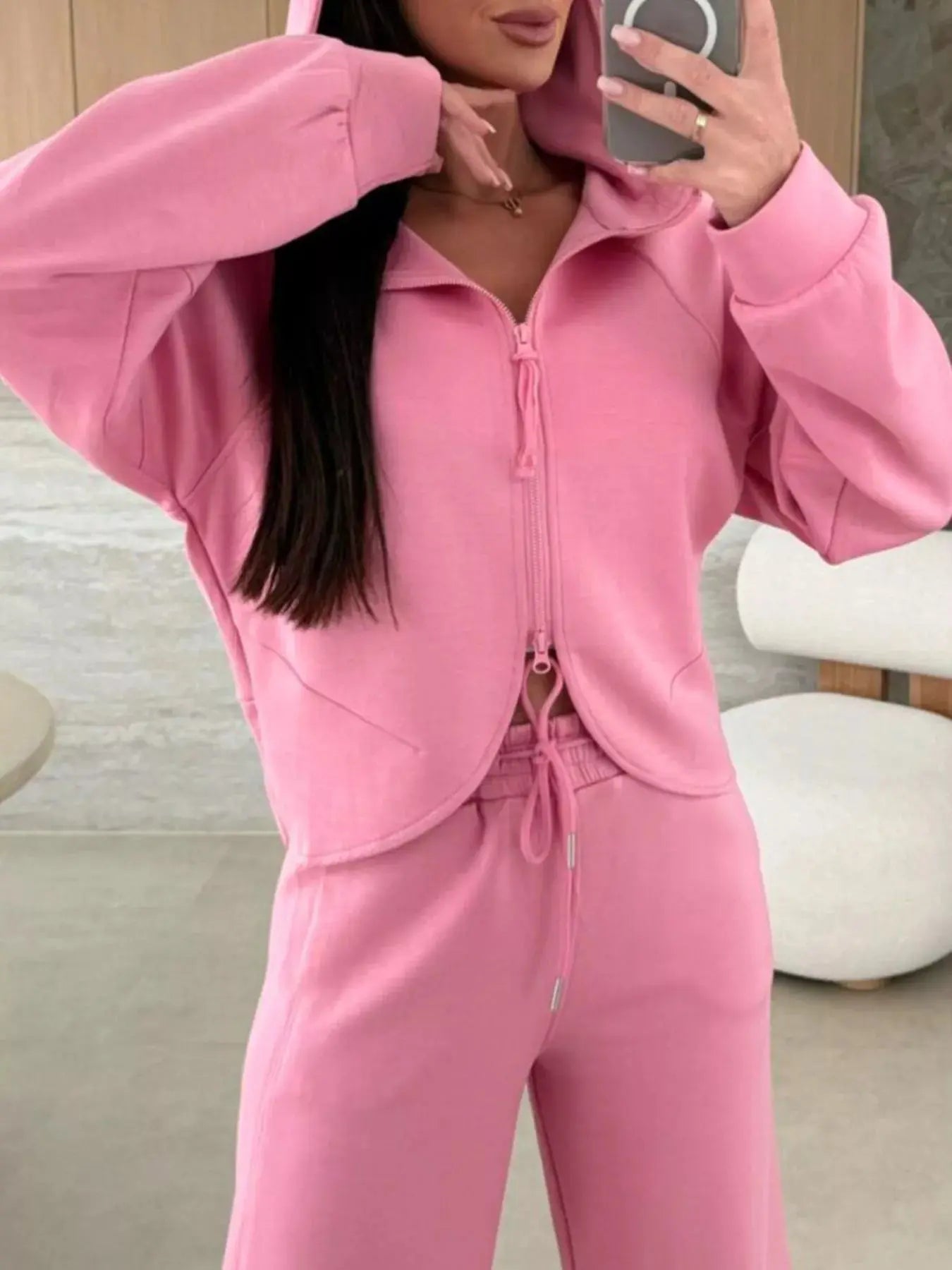 Solid Color Zip Up Hoodie Drawstring Loose Pants Set - Charmdeals