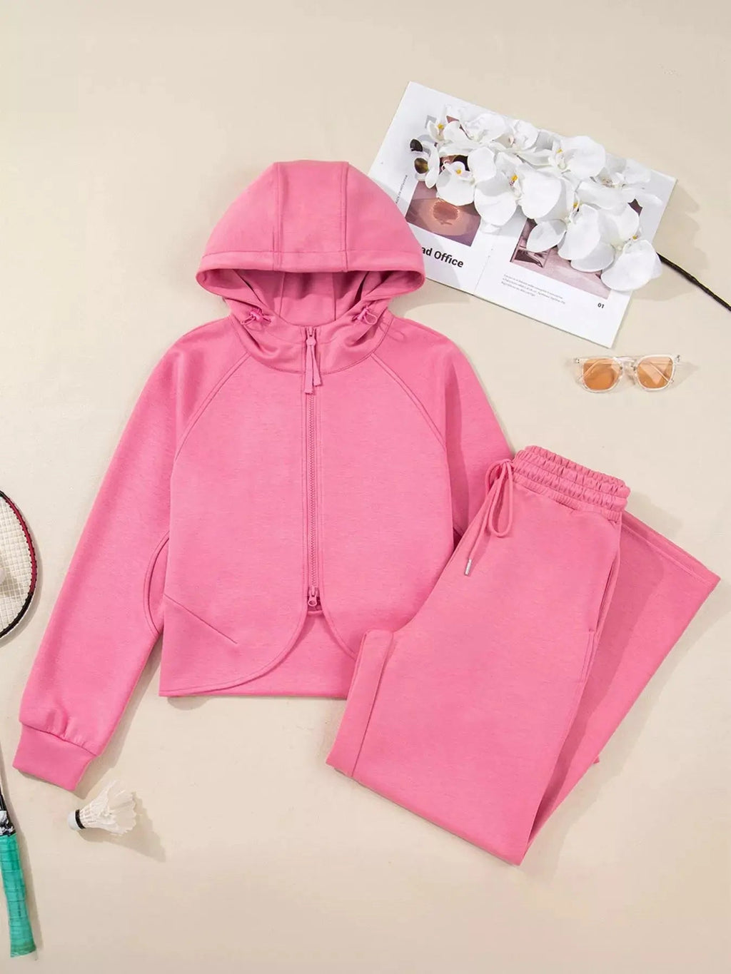 Solid Color Zip Up Hoodie Drawstring Loose Pants Set - Charmdeals
