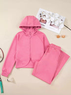 Solid Color Zip Up Hoodie Drawstring Loose Pants Set - Charmdeals