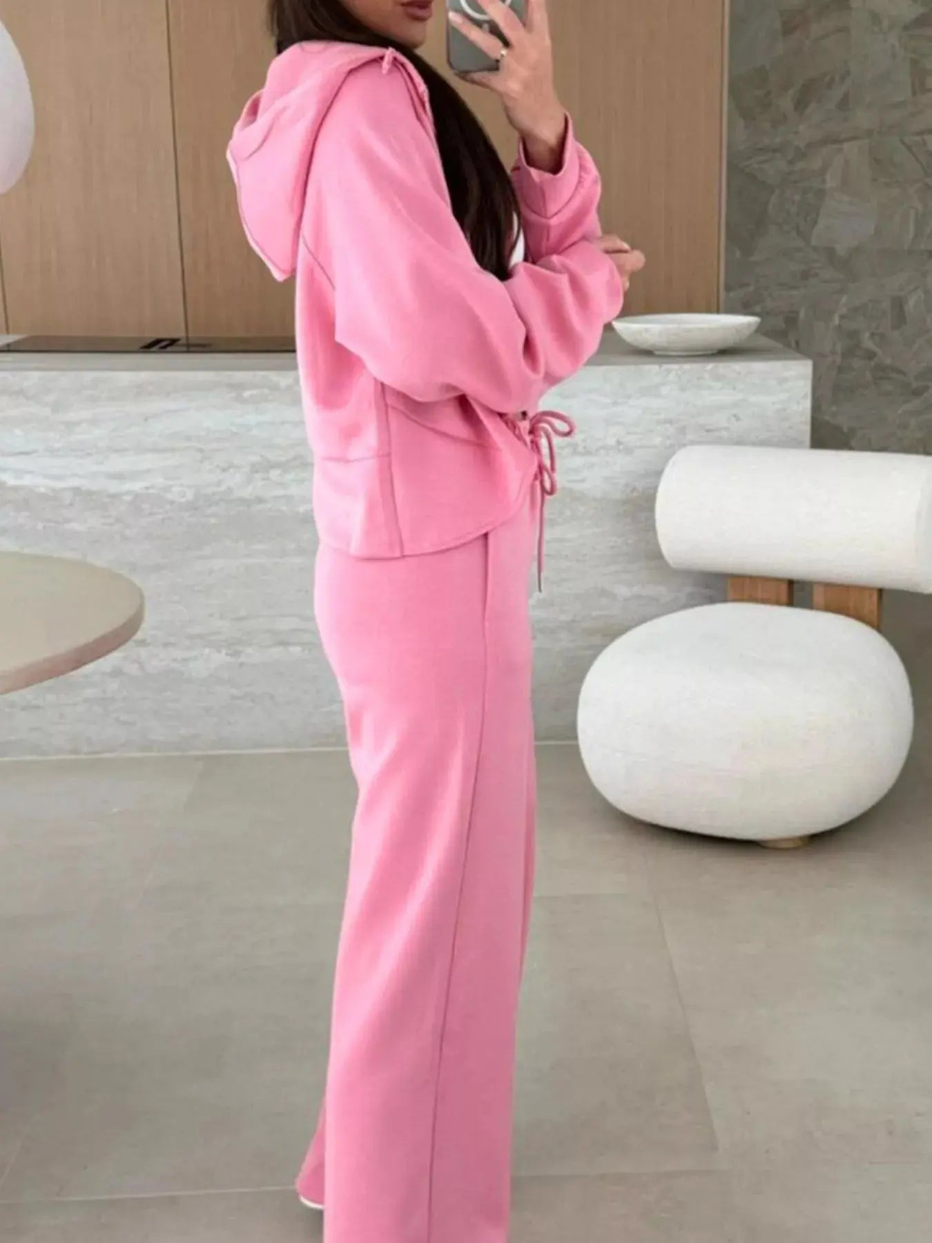 Solid Color Zip Up Hoodie Drawstring Loose Pants Set - Charmdeals
