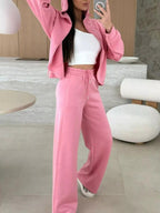 Solid Color Zip Up Hoodie Drawstring Loose Pants Set - Charmdeals
