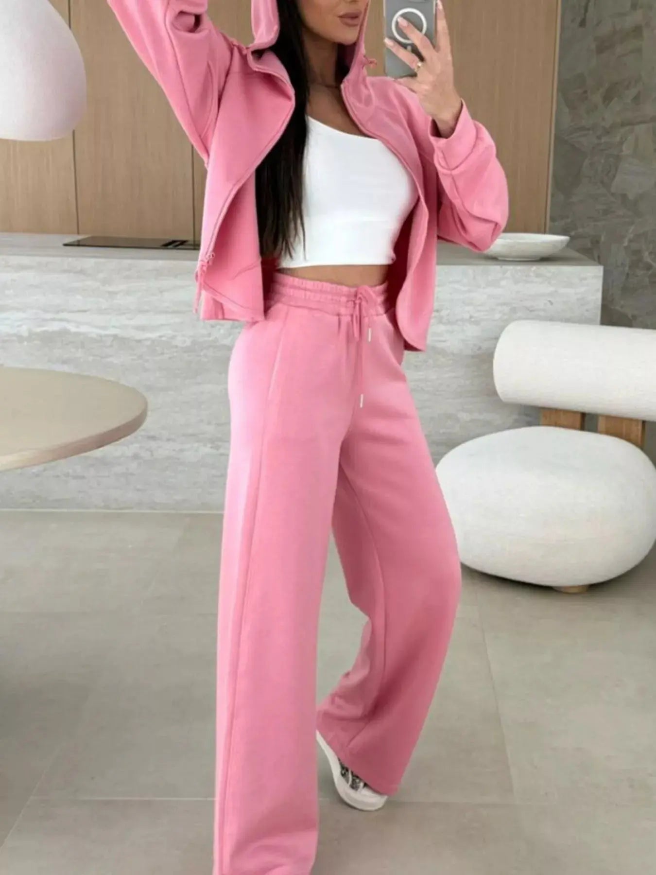 Solid Color Zip Up Hoodie Drawstring Loose Pants Set - Charmdeals