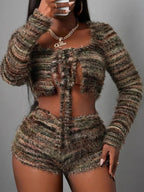 Square Neck Crop Top and Shorts Sweater Set - Charmdeals