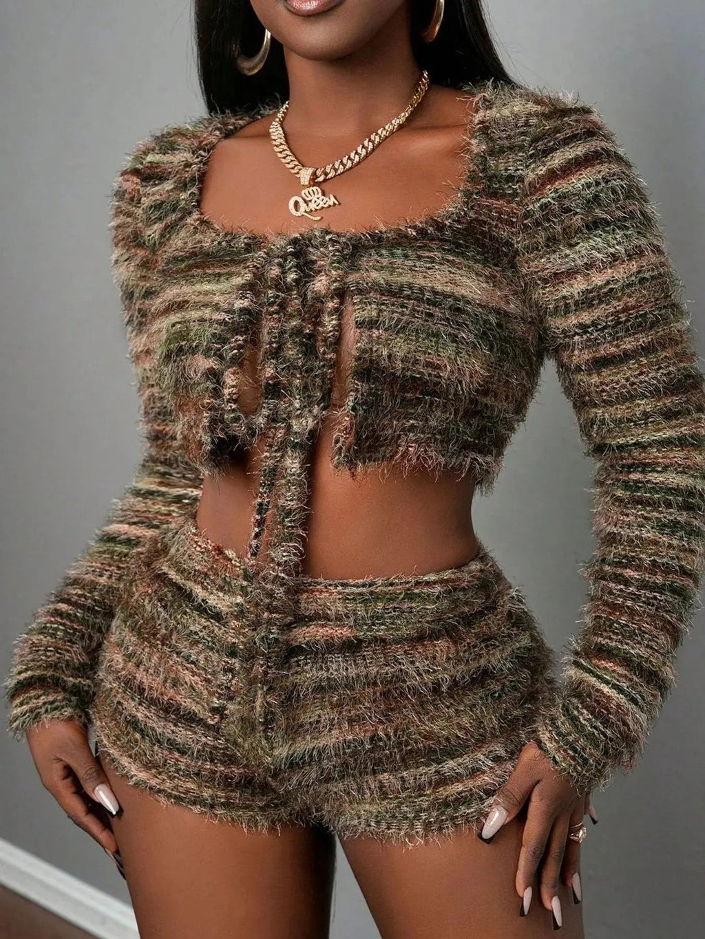 Square Neck Crop Top and Shorts Sweater Set - Charmdeals
