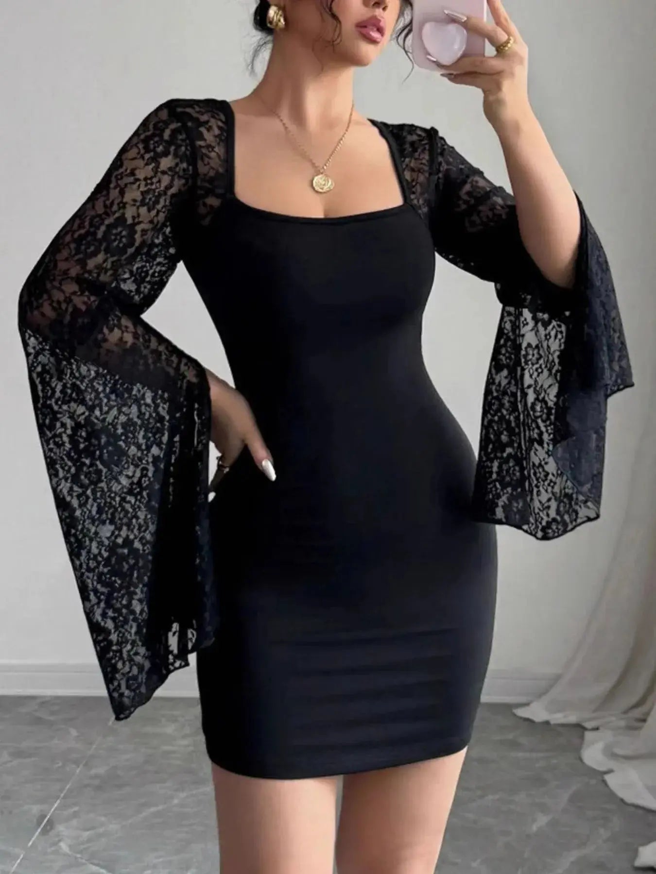 Square Neck Lace Bell Sleeve Bodycon Dress - Charmdeals