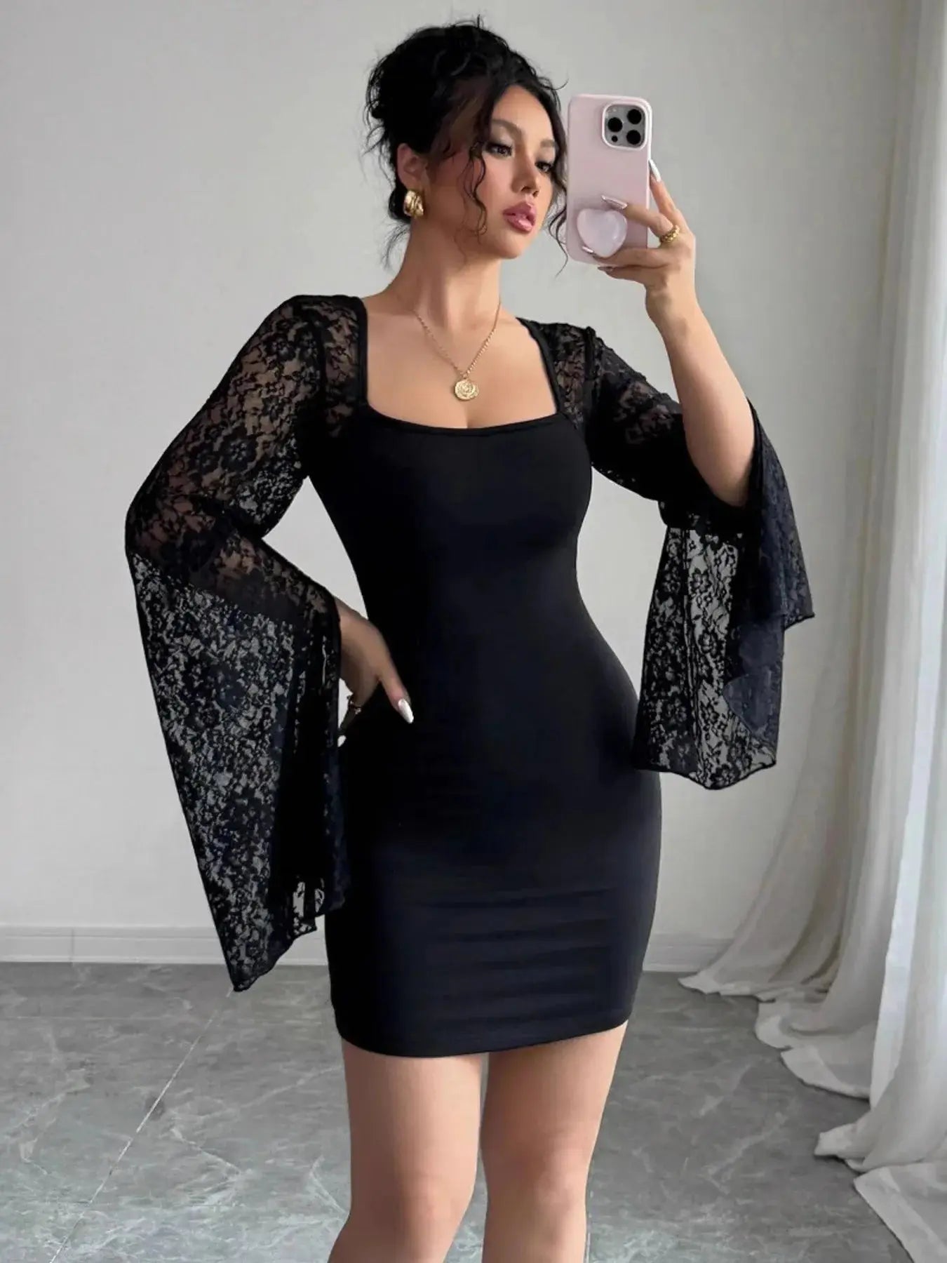 Square Neck Lace Bell Sleeve Bodycon Dress - Charmdeals