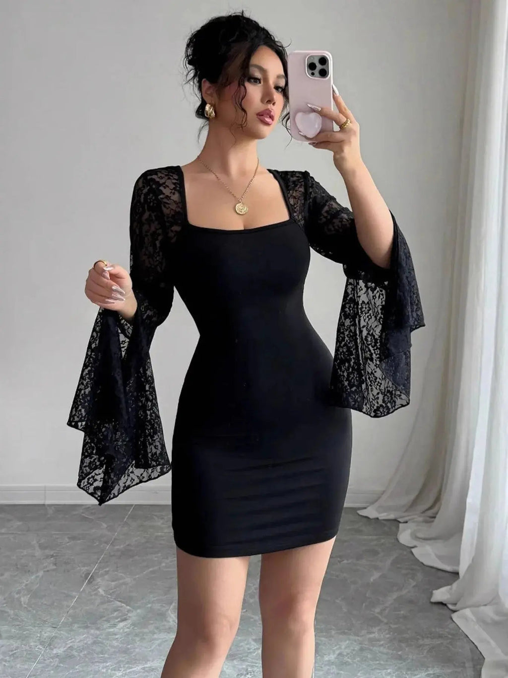 Square Neck Lace Bell Sleeve Bodycon Dress - Charmdeals