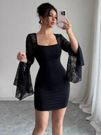 Square Neck Lace Bell Sleeve Bodycon Dress - Charmdeals