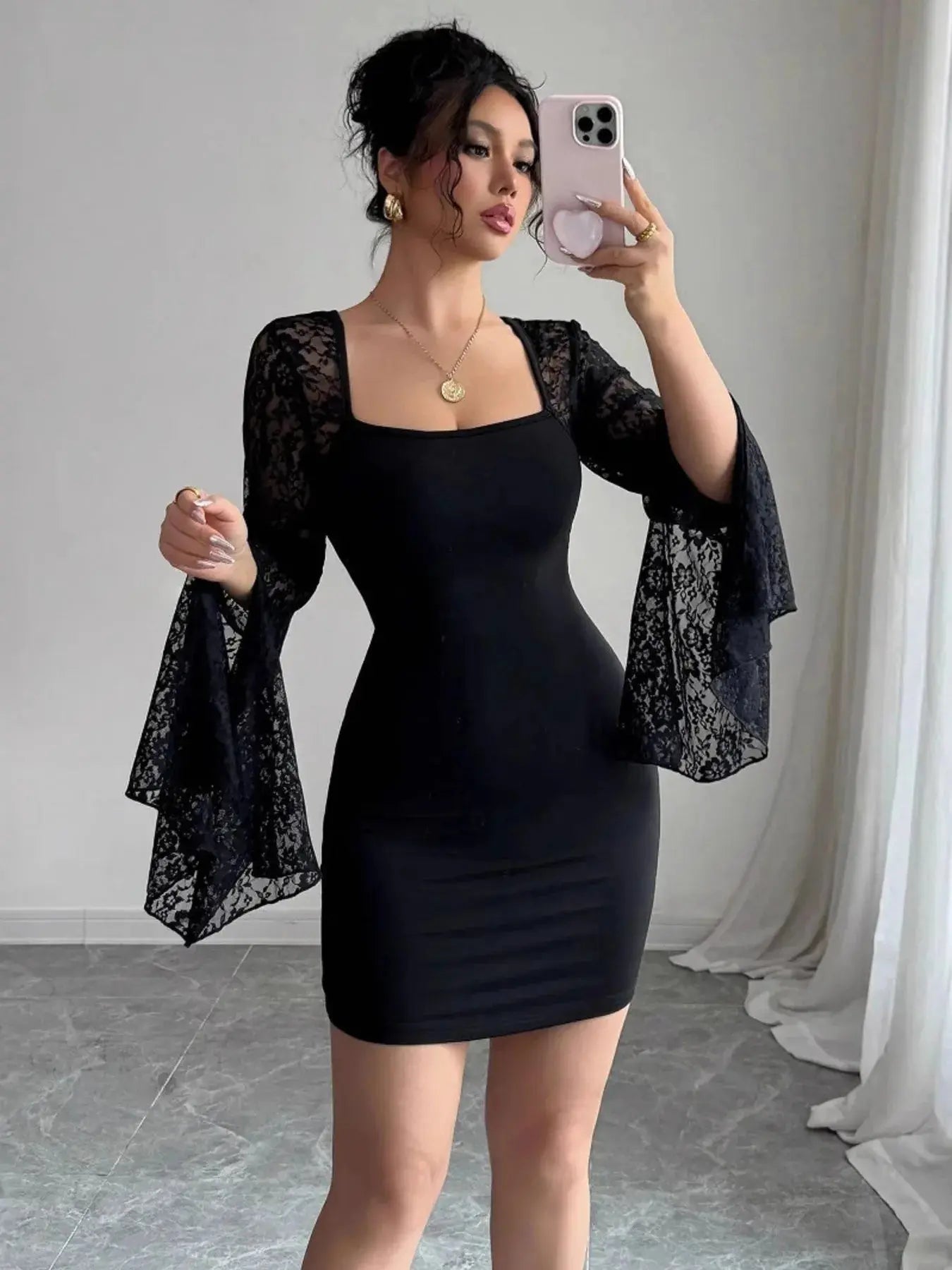 Square Neck Lace Bell Sleeve Bodycon Dress - Charmdeals