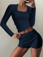 Square Neck Long Sleeve Top and Shorts Set - Charmdeals