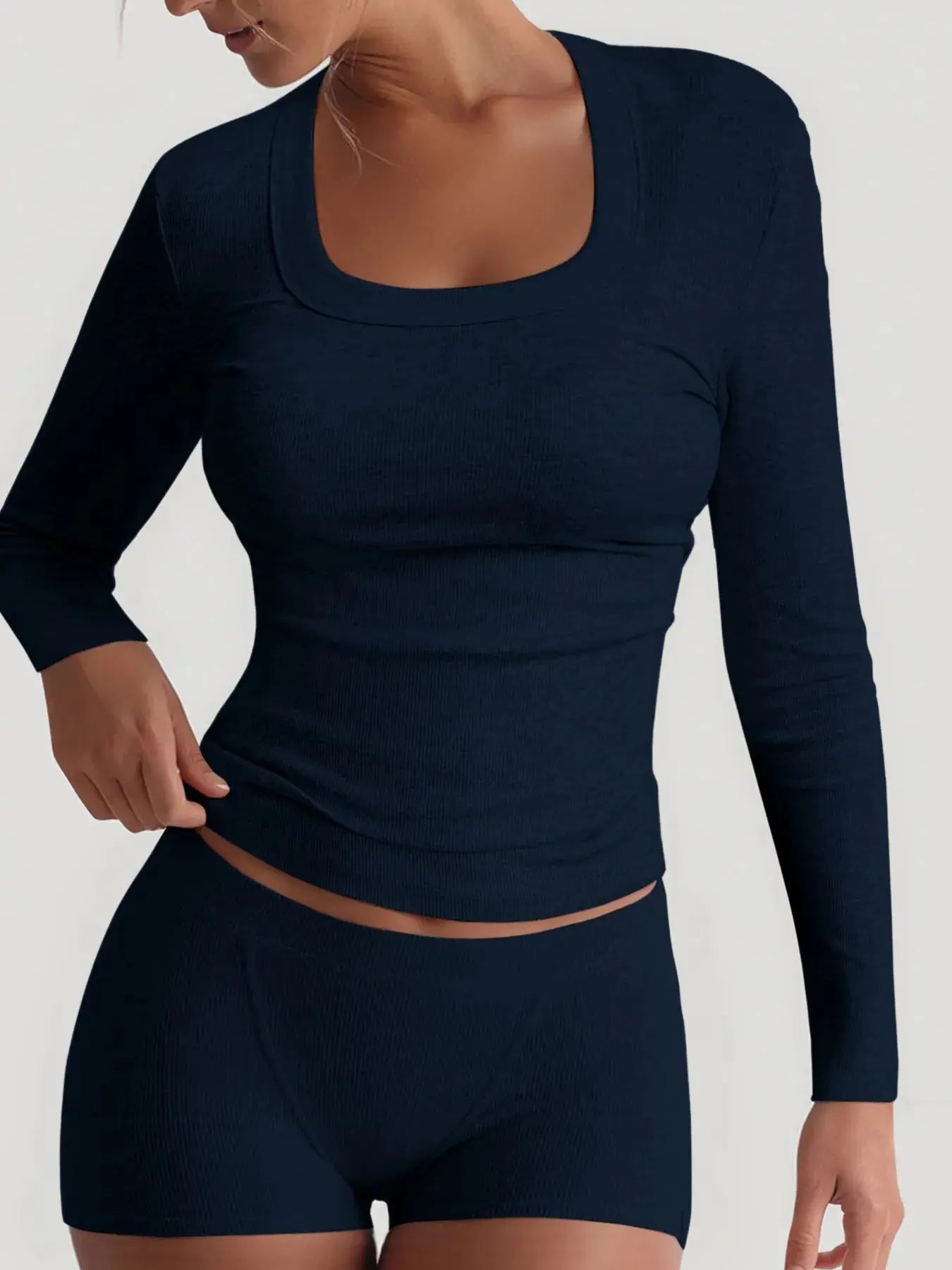 Square Neck Long Sleeve Top and Shorts Set - Charmdeals