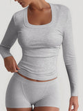 Square Neck Long Sleeve Top and Shorts Set - Charmdeals