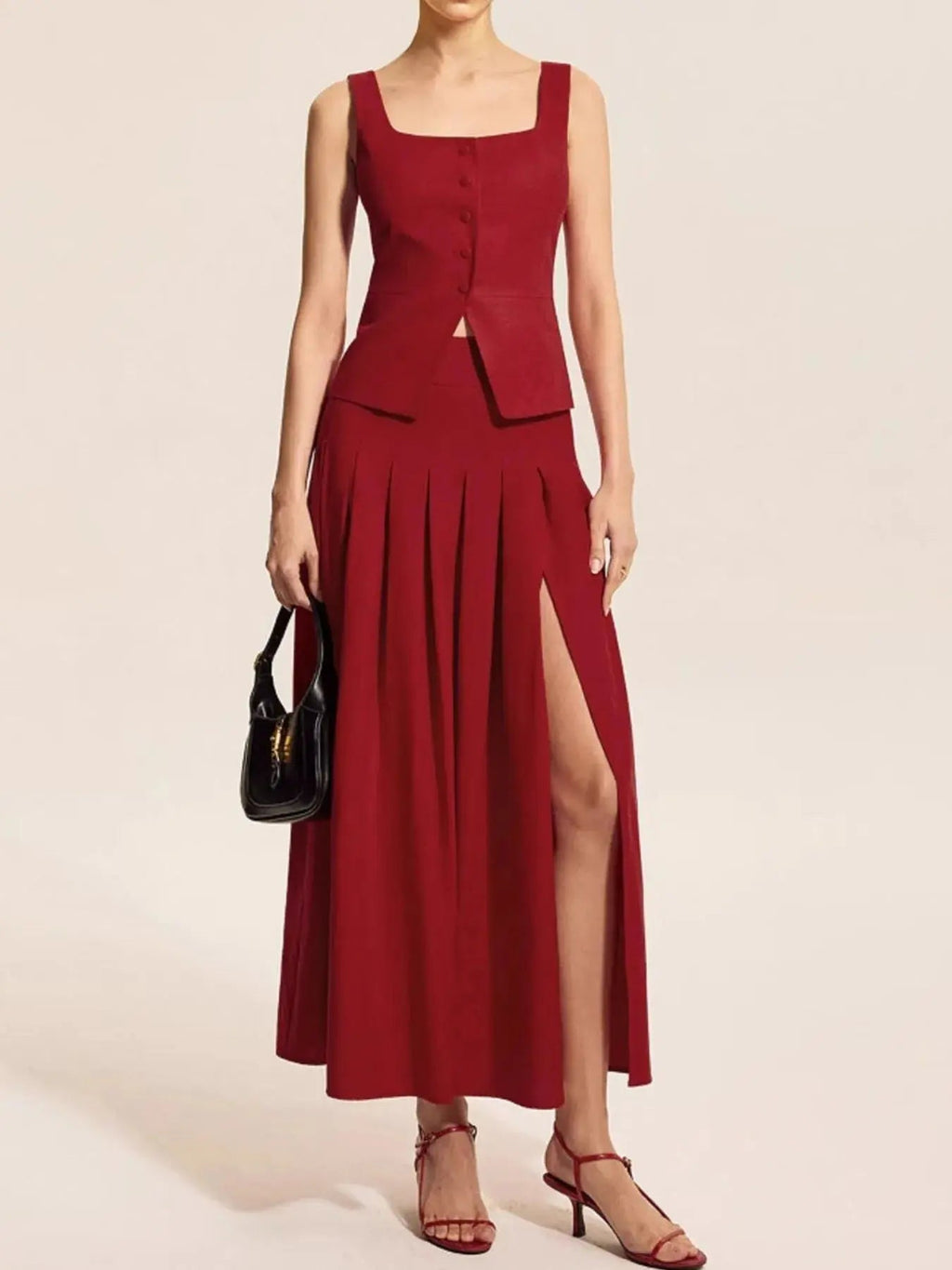 Square Neck Tank and Pleated Slit Skirt Set - Charmdeals