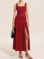Square Neck Tank and Pleated Slit Skirt Set - Charmdeals