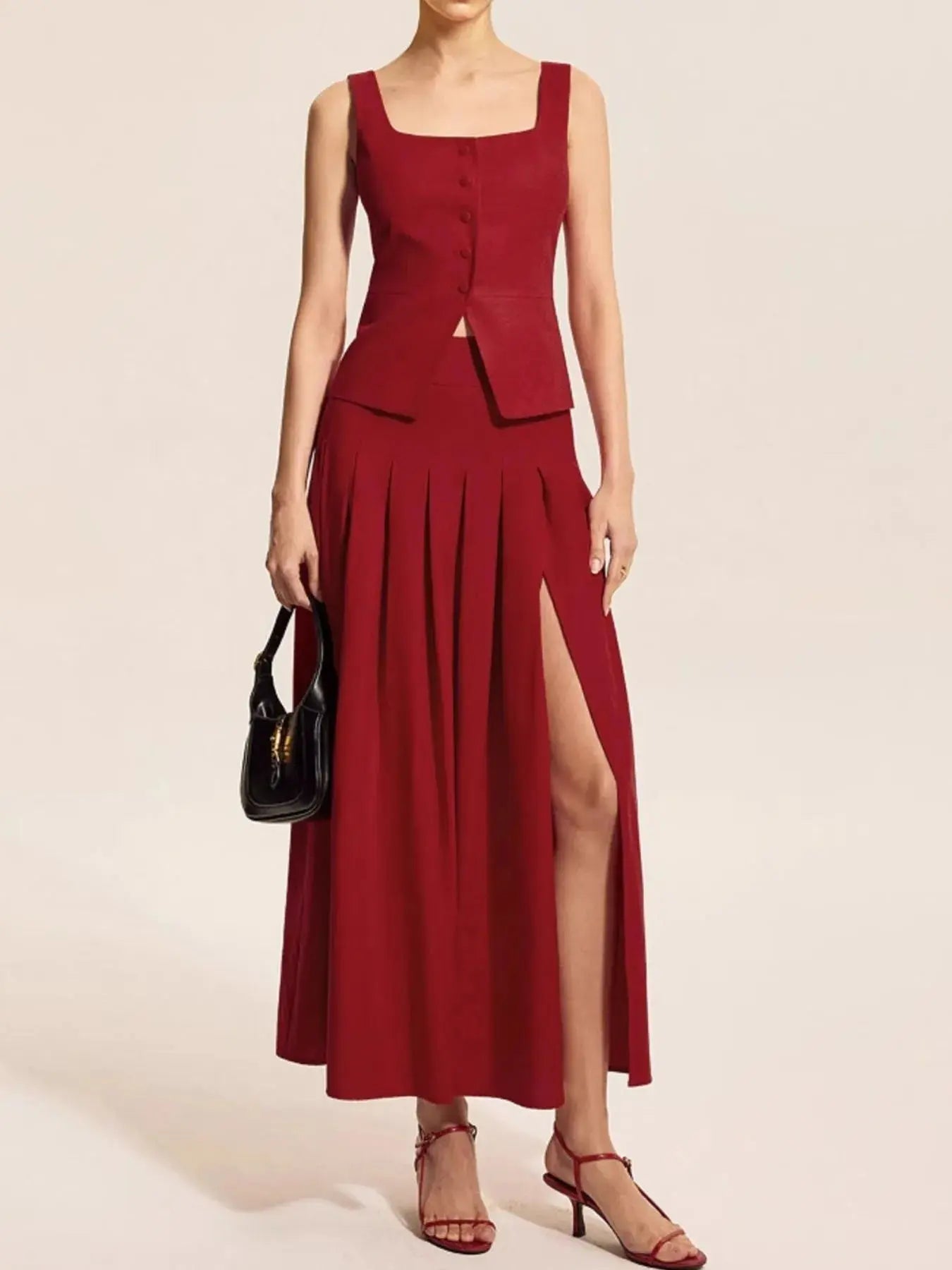 Square Neck Tank and Pleated Slit Skirt Set - Charmdeals