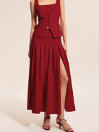 Square Neck Tank and Pleated Slit Skirt Set - Charmdeals
