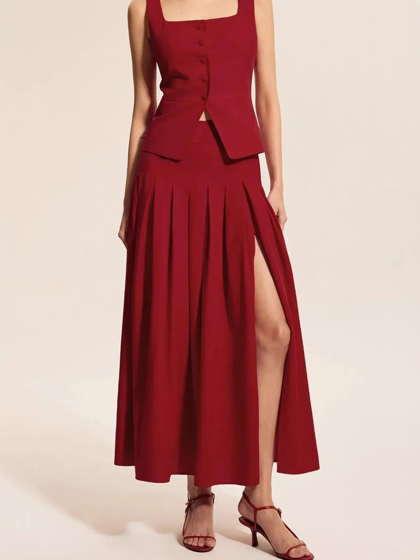 Square Neck Tank and Pleated Slit Skirt Set - Charmdeals