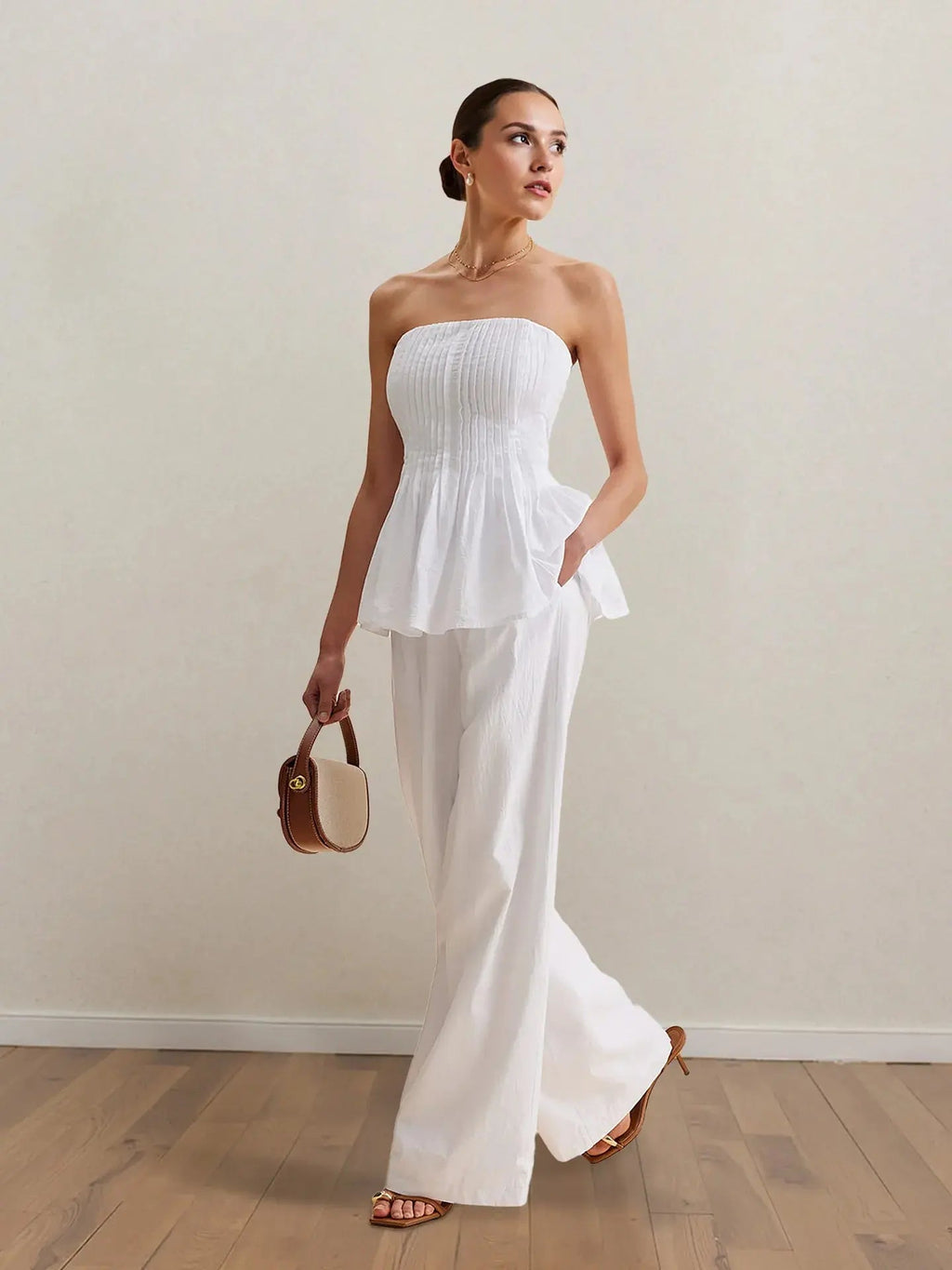 Strapless Peplum Top and Wide Leg Pants Set - Charmdeals