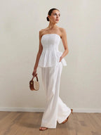 Strapless Peplum Top and Wide Leg Pants Set - Charmdeals
