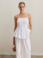 Strapless Peplum Top and Wide Leg Pants Set - Charmdeals