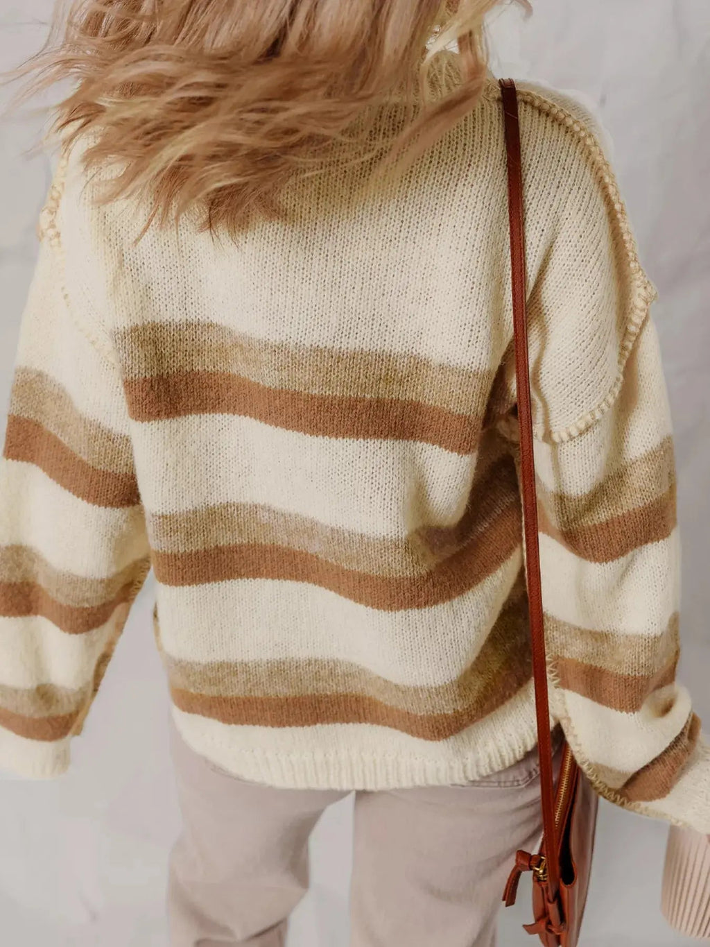 Stripe Exposed Seam Drop Shoulder Knit Baggy Sweater - Charmdeals