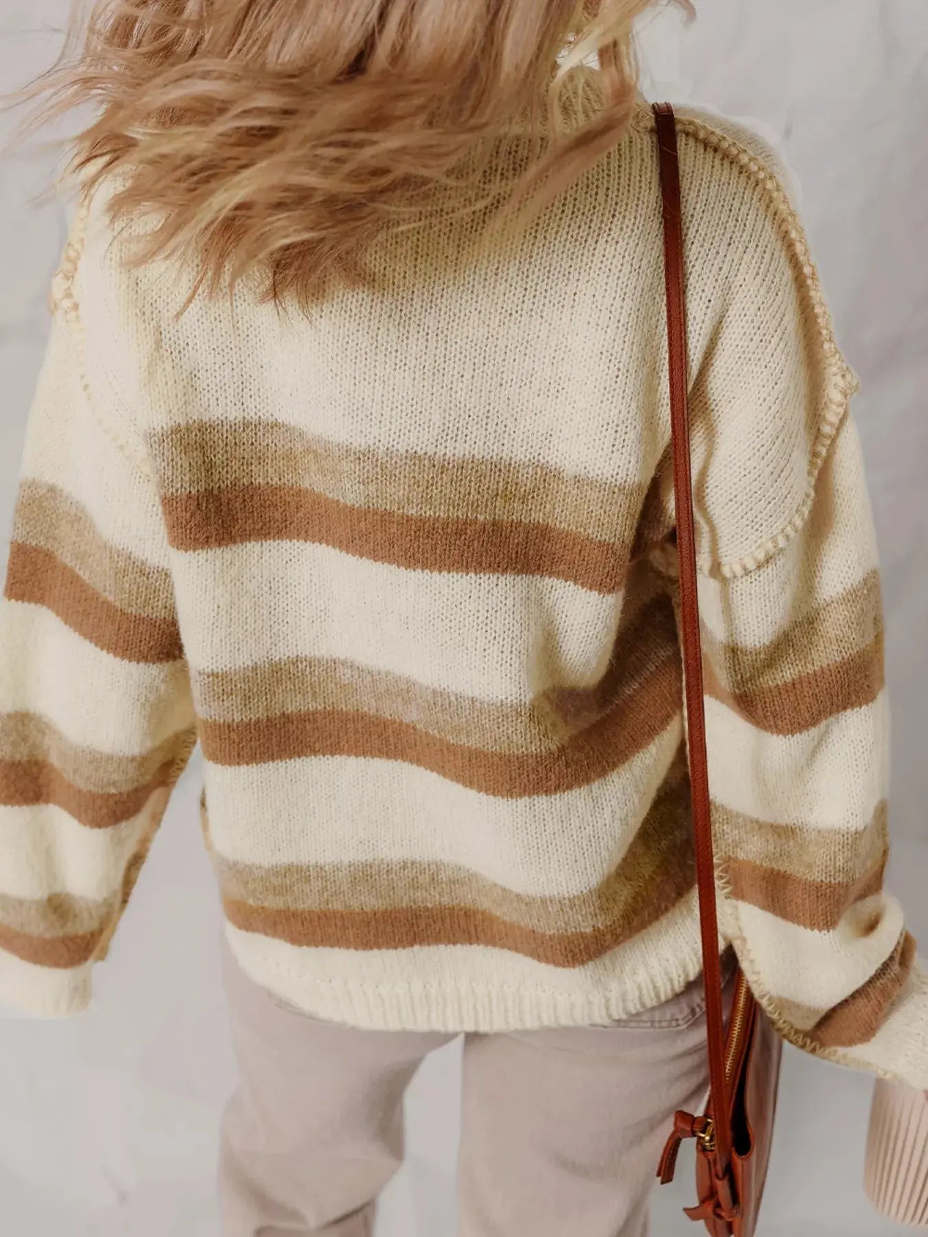 Stripe Exposed Seam Drop Shoulder Knit Baggy Sweater - Charmdeals