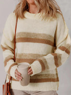 Stripe Exposed Seam Drop Shoulder Knit Baggy Sweater - Charmdeals