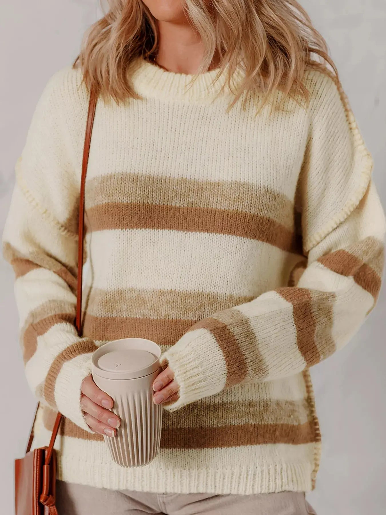 Stripe Exposed Seam Drop Shoulder Knit Baggy Sweater - Charmdeals