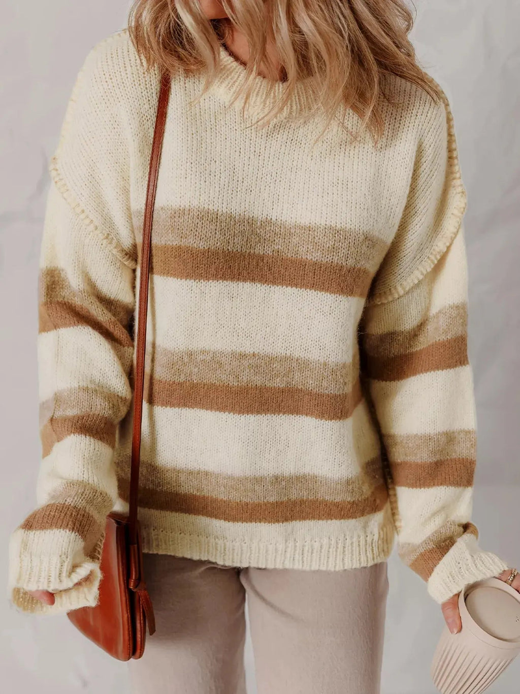 Stripe Exposed Seam Drop Shoulder Knit Baggy Sweater - Charmdeals