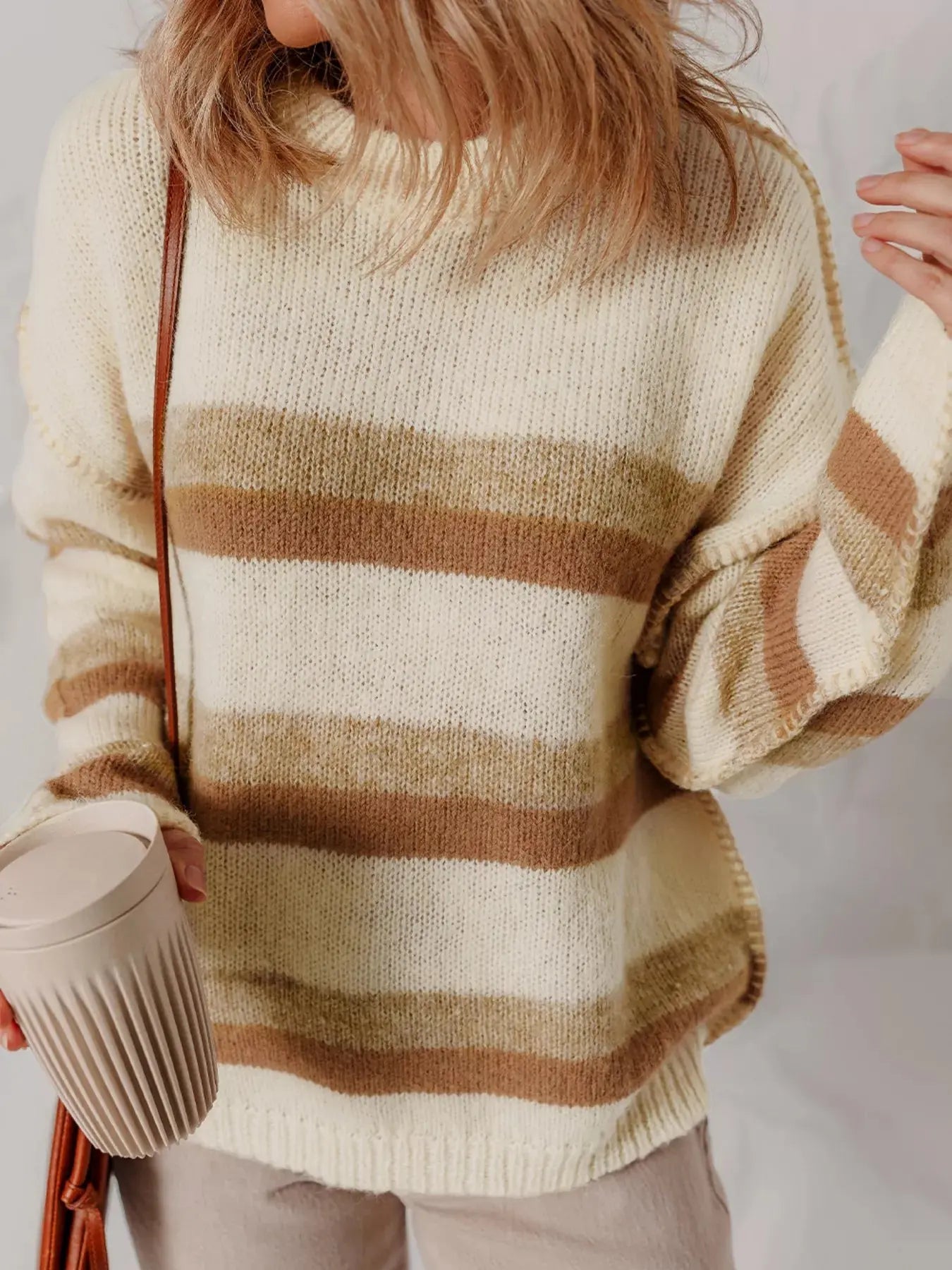 Stripe Exposed Seam Drop Shoulder Knit Baggy Sweater - Charmdeals