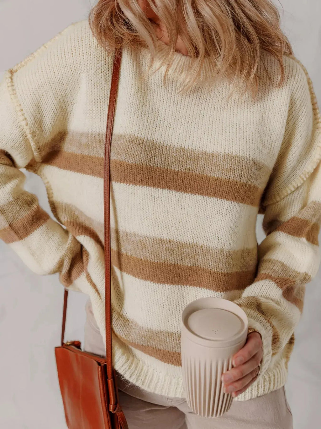 Stripe Exposed Seam Drop Shoulder Knit Baggy Sweater - Charmdeals