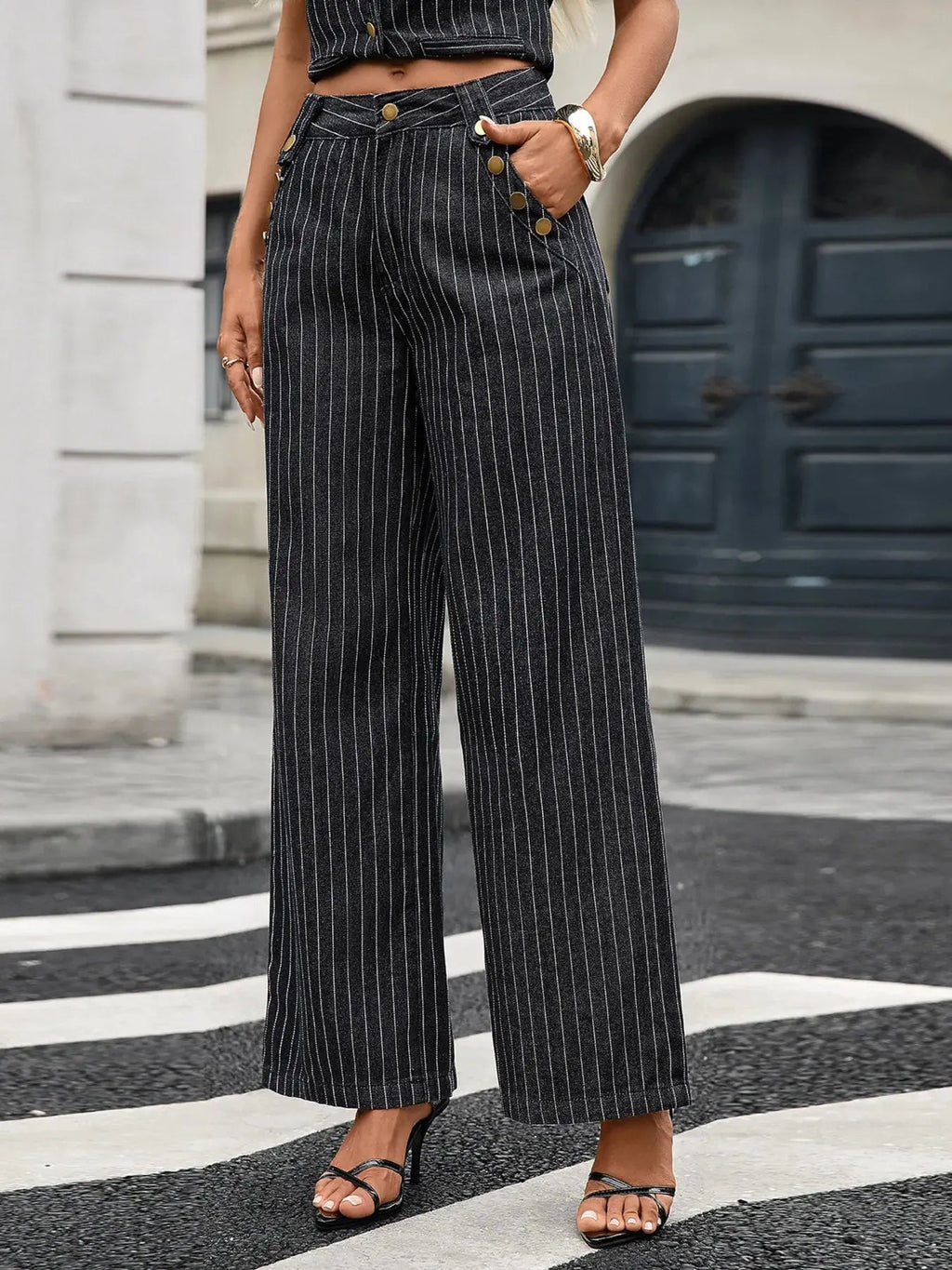 Striped Button Down Tank and Pants Denim Set - Charmdeals