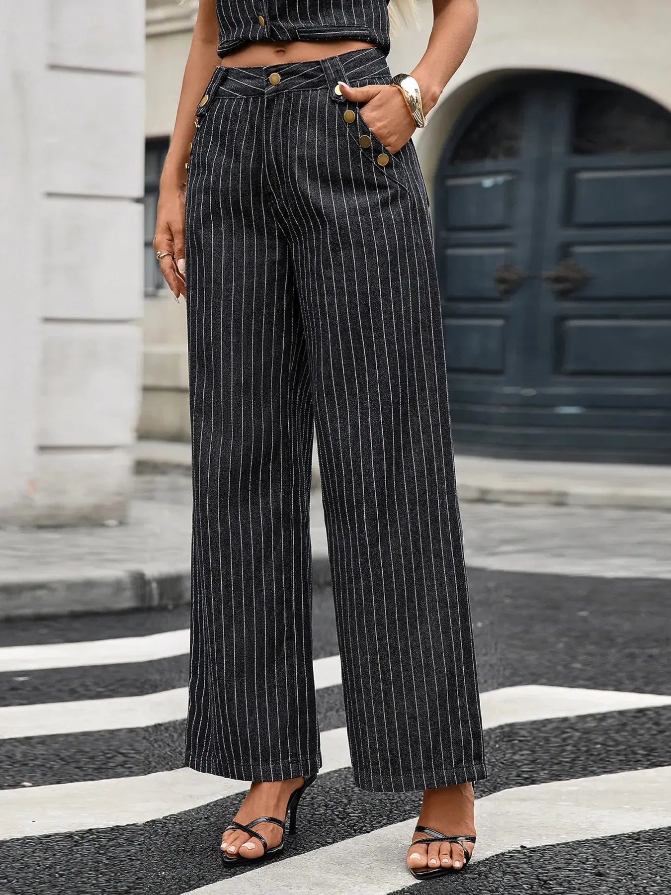 Striped Button Down Tank and Pants Denim Set - Charmdeals
