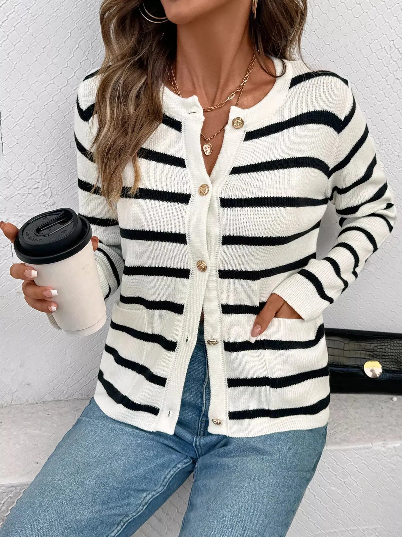 Striped Button - Front Cardigan - Charmdeals