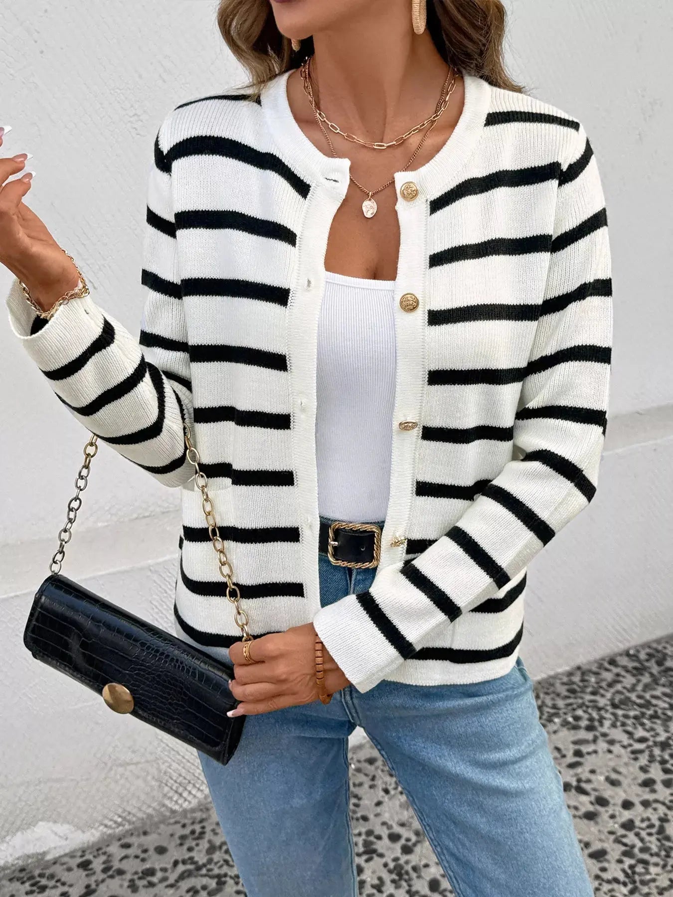 Striped Button - Front Cardigan - Charmdeals