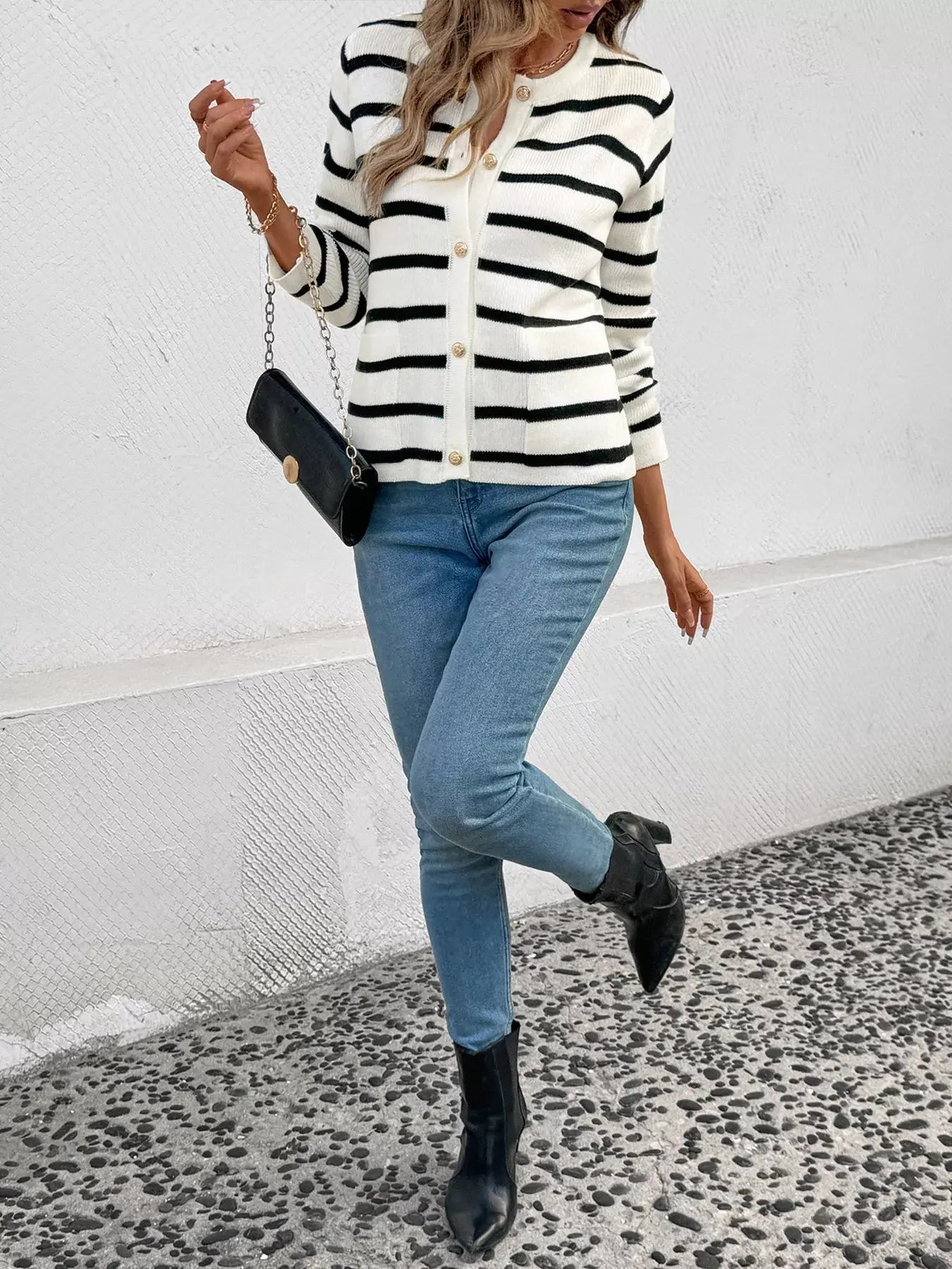Striped Button - Front Cardigan - Charmdeals