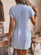 Striped Button Front Short Sleeve Dress - Charmdeals