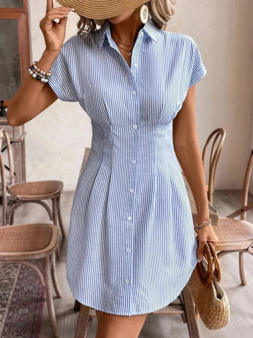 Striped Button Front Short Sleeve Dress - Charmdeals