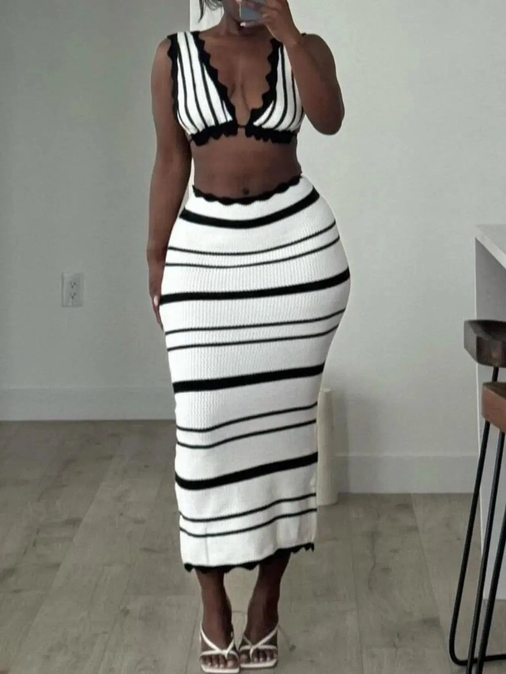 Striped Cami and Midi Skirt Sweater Set - Charmdeals