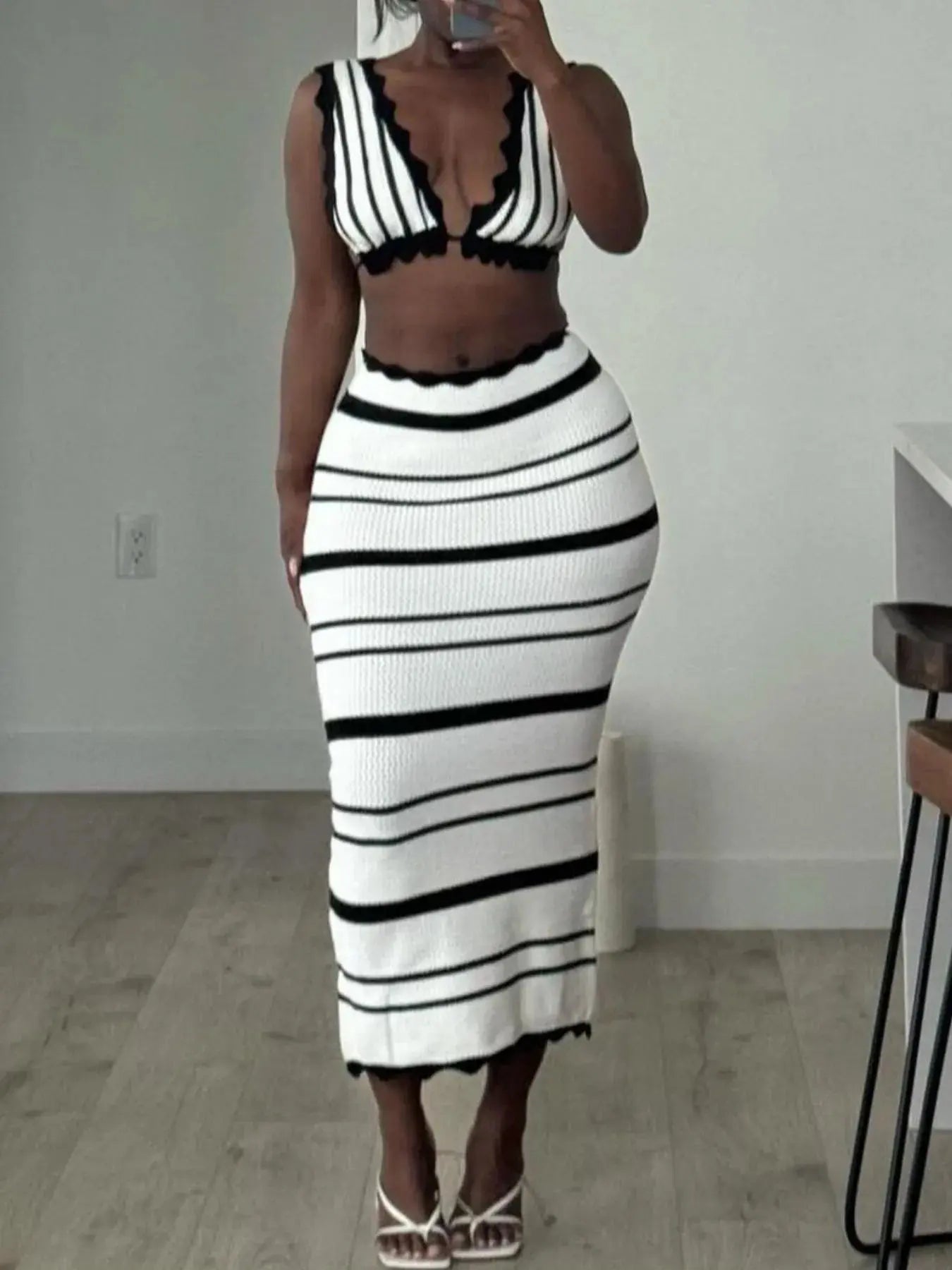 Striped Cami and Midi Skirt Sweater Set - Charmdeals