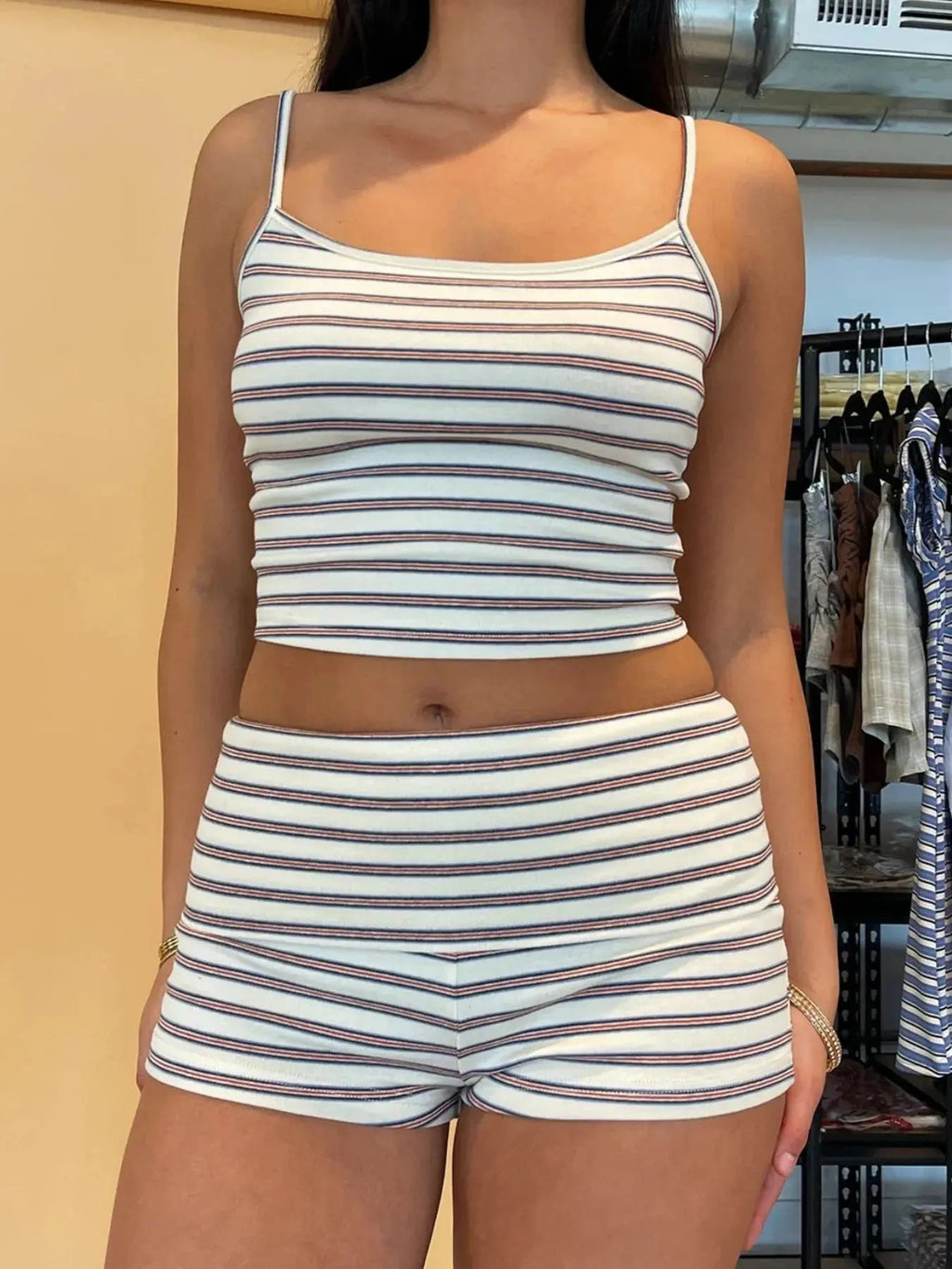 Striped Cropped Cami and Shorts Set - Charmdeals