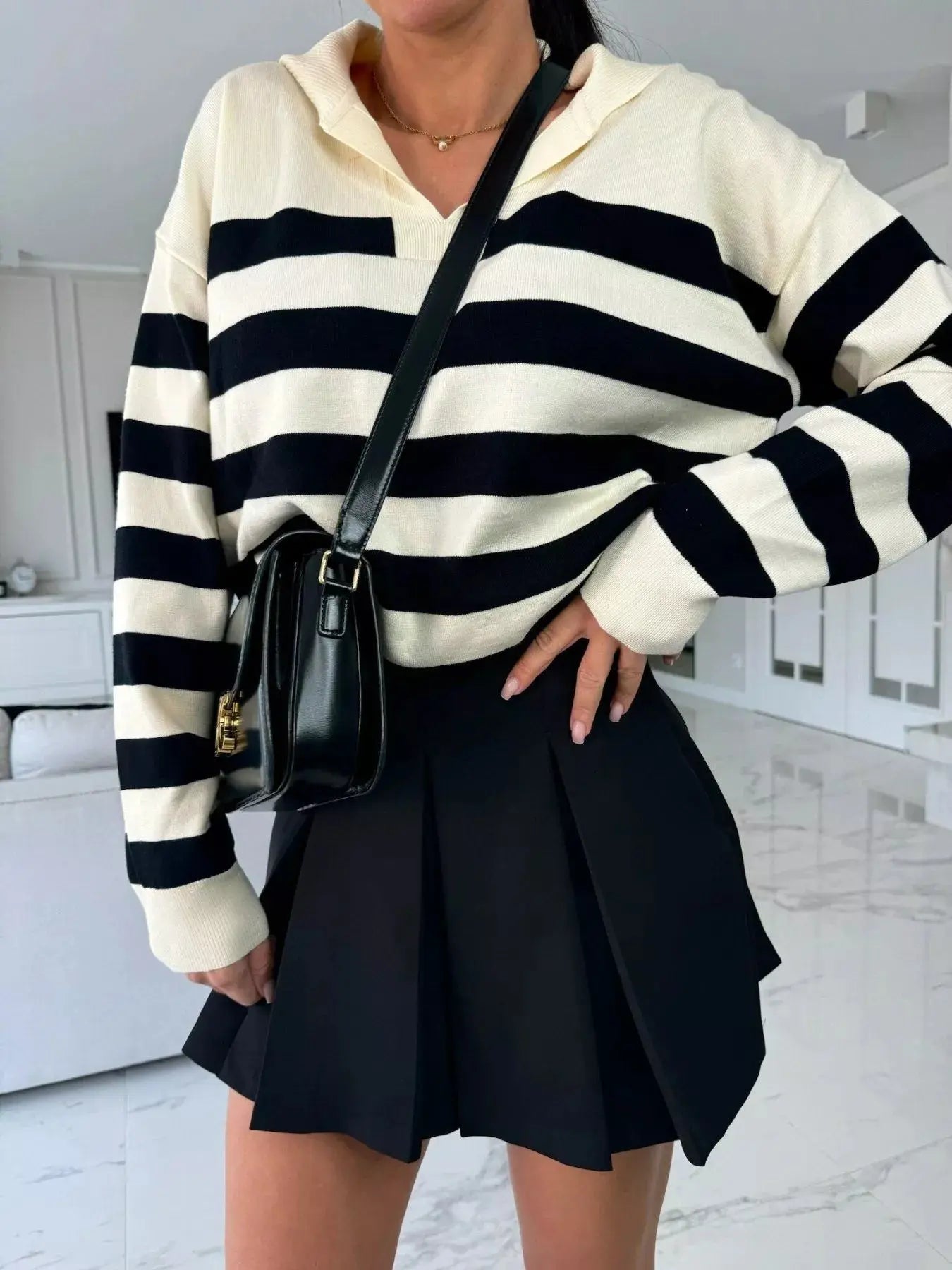 Striped Dropped Shoulder Knit Top - Charmdeals