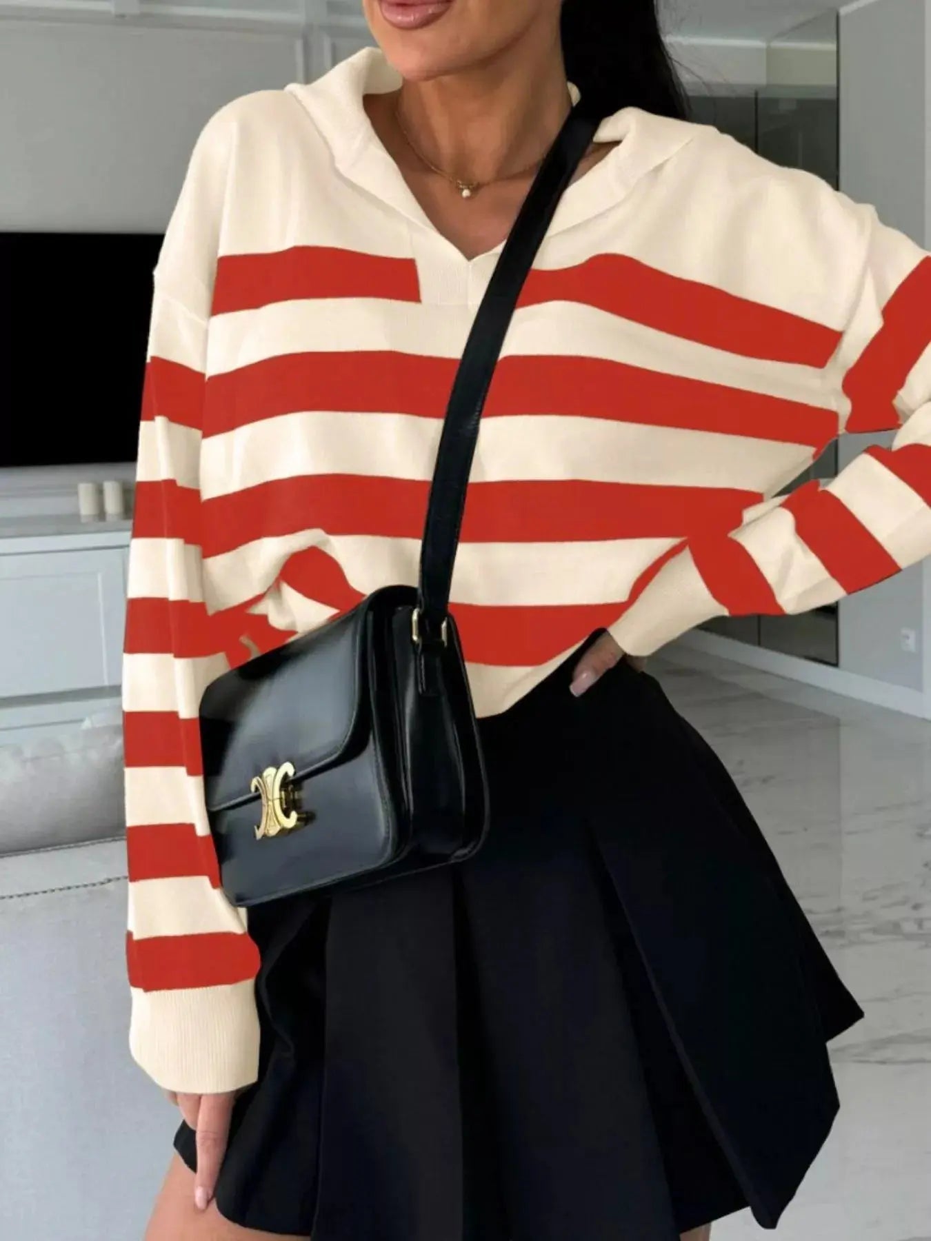Striped Dropped Shoulder Knit Top - Charmdeals