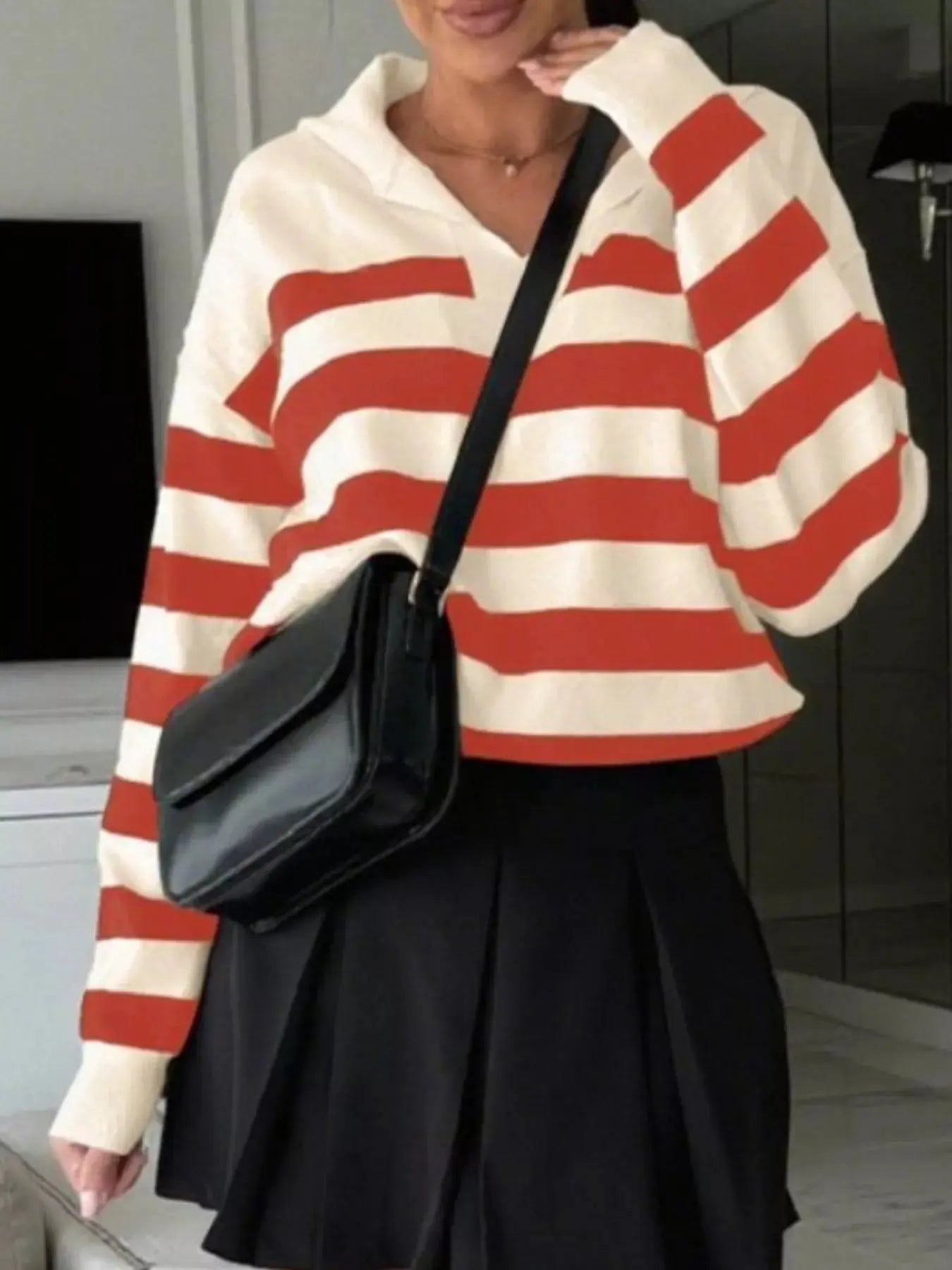 Striped Dropped Shoulder Knit Top - Charmdeals
