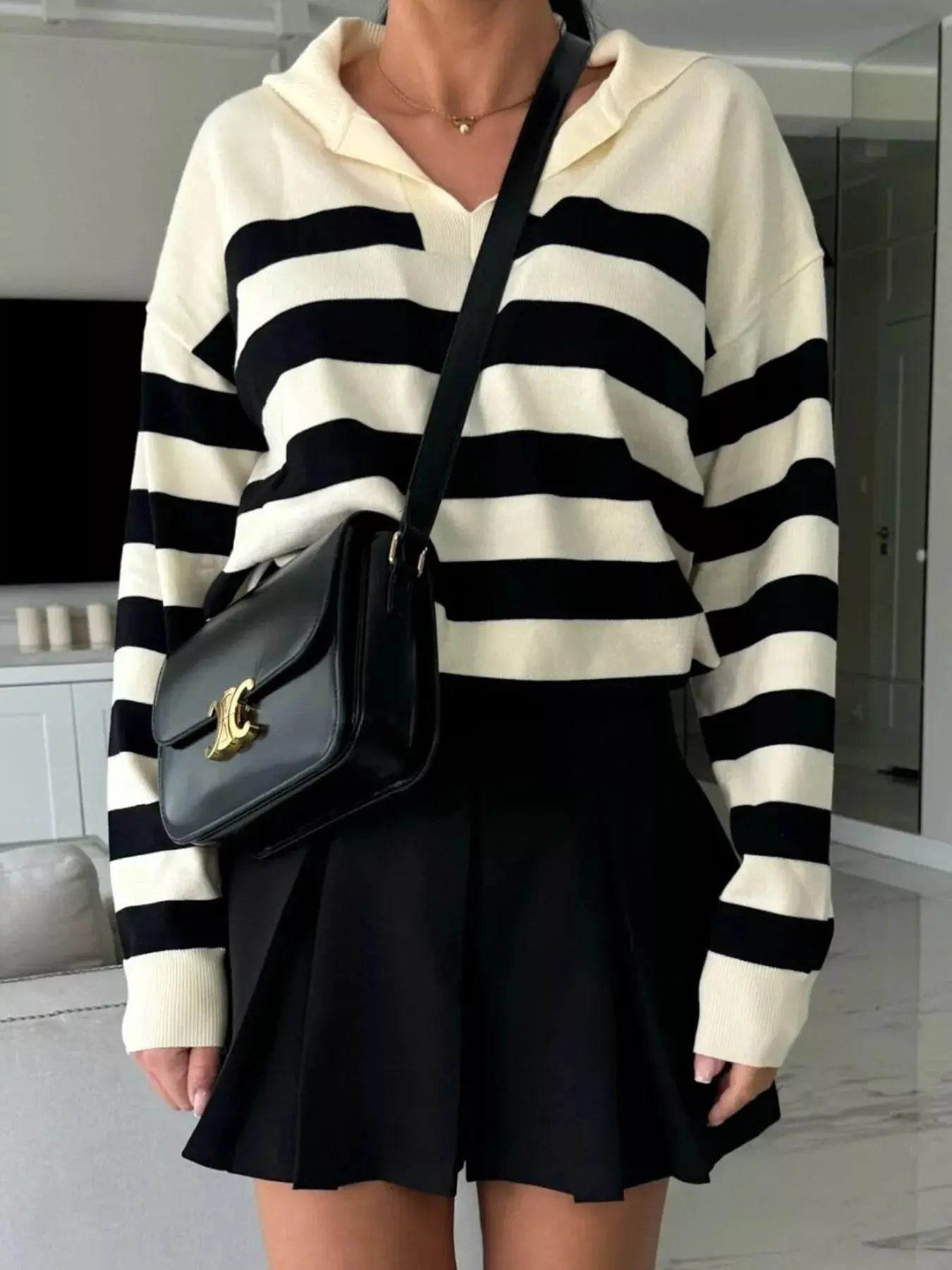 Striped Dropped Shoulder Knit Top - Charmdeals